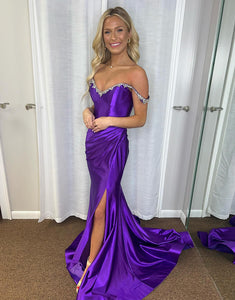 Purple Mermaid Off The Shoulder Long Prom Dress With Slit