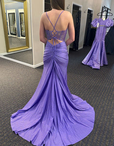 Sparkly Purple Mermaid Spaghetti Strap Long Prom Dress