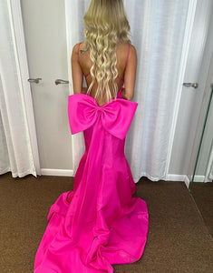Fuchsia Mermaid V-Neck Long Prom Dress With Bow Tie