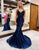 Navy Mermaid V-Neck Long Prom Dress With Appliques