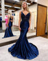 Navy Mermaid V-Neck Long Prom Dress With Appliques