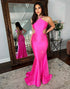 Fuchsia Mermaid Halter Lace-Up Back Long Prom Dress