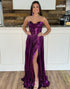 Dark Purple A-Line Strapless Long Pleated Prom Dresses with Slit
