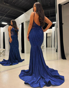Sparkly Mermaid Spaghetti Straps Royal Blue Long Prom Dress