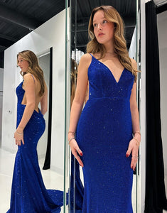 Glitter Mermaid Backless Royal Blue Long Prom Dress