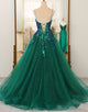 Dark Green Deep V-Neck Prom Dress With Appliqués