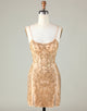 Sparkly Spaghetti Straps Golden Tight Homecoming Dress with Beading