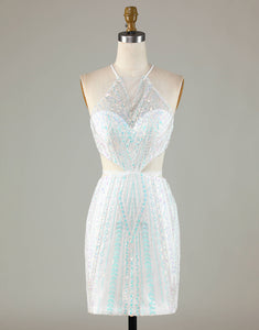 Sequins White Halter Glitter Tight Homecoming Dress with Lace-up Back
