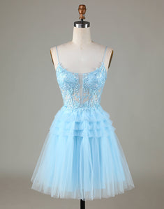 Blue A Line Glitter Cute Homecoming Dress with Appliques