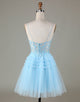Blue A Line Glitter Cute Homecoming Dress with Appliques
