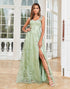 Butterflies Appliques Green Long Prom Dress With Slit