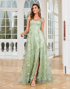 Butterflies Appliques Green Long Prom Dress With Slit