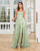 Butterflies Appliques Green Long Prom Dress With Slit