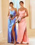 Blue Spaghetti Straps Sheath Long Bridesmaid Dress with Slit