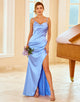 Blue Spaghetti Straps Sheath Long Bridesmaid Dress with Slit