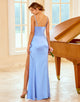 Blue Spaghetti Straps Sheath Long Bridesmaid Dress with Slit