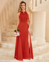 Rust Halter Open Back Long Bridesmaid Dress With Slit