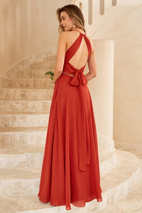 Rust Halter Open Back Long Bridesmaid Dress With Slit