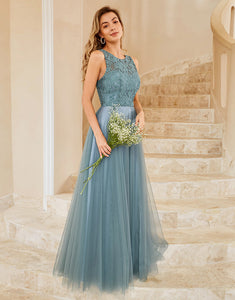 Grey Blue Tulle Bridesmaid Dress with Lace