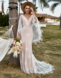 Ivory and Champagne Lace Boho Wedding Dress With Cape