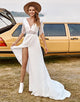 Ivory Lace Chiffon Half Sleeves Boho Wedding Dress With Slit
