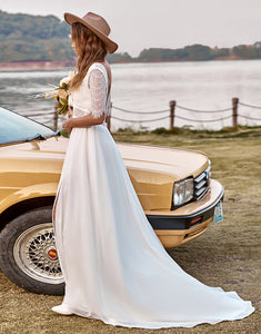 Ivory Lace Chiffon Half Sleeves Boho Wedding Dress With Slit