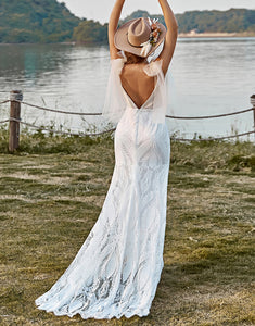 Ivory Mermaid Lace Sweep Train Boho Wedding Dress