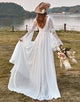 Ivory Lace Chiffon Trumpet Sleeve Boho Wedding Dress