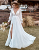 Ivory Lace Chiffon V-Neck Long Sleeve Boho Wedding Dress