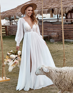 Ivory Lace Chiffon V-Neck Long Sleeve Boho Wedding Dress