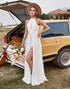 Ivory Lace Chiffon Halter Boho Wedding Dress With Slit