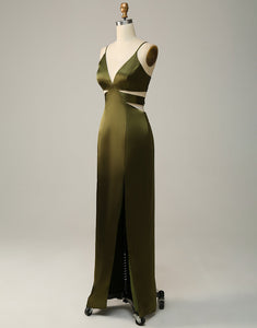 Spaghetti Straps Cut Out Olive Long Bridesmaid Dress with Slit