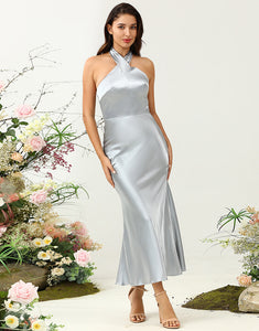 Sheath Halter Neck Silver Long Bridesmaid Dress
