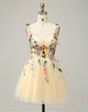 A Line Spaghetti Straps Champagne Homecoming Dress with Appliques