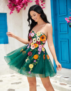 Dark Green Strapless Homecoming Dress with 3D Flowers