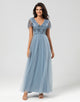 A Line V Neck Dusty Blue Long Bridesmaid Dress with Beading