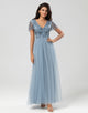 A Line V Neck Dusty Blue Long Bridesmaid Dress with Beading