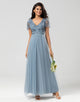 A Line V Neck Dusty Blue Long Bridesmaid Dress with Beading