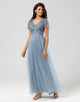 A Line V Neck Dusty Blue Long Bridesmaid Dress with Beading