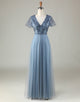 A Line V Neck Dusty Blue Long Bridesmaid Dress with Beading