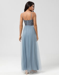 A Line Spaghetti Straps Dusty Blue Long Bridesmaid Dress with Beading