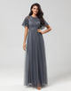 A-Line Jewel Neck Grey Long Bridesmaid Dress with Short Sleeves