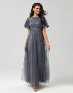 A-Line Jewel Neck Grey Long Bridesmaid Dress with Short Sleeves