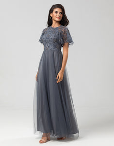 A-Line Jewel Neck Grey Long Bridesmaid Dress with Short Sleeves