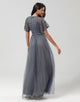 A-Line Jewel Neck Grey Long Bridesmaid Dress with Short Sleeves