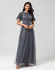 A-Line Jewel Neck Grey Long Bridesmaid Dress with Short Sleeves