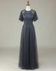 A-Line Jewel Neck Grey Long Bridesmaid Dress with Short Sleeves