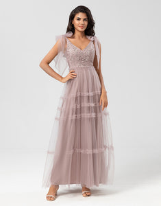 A-Line V Neck Dusty Pink Long Bridesmaid Dress with Beading