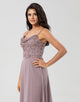A Line Spaghetti Straps Dusty Pink Long Bridesmaid Dress with Beaded