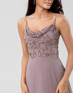 A Line Spaghetti Straps Dusty Pink Long Bridesmaid Dress with Beaded